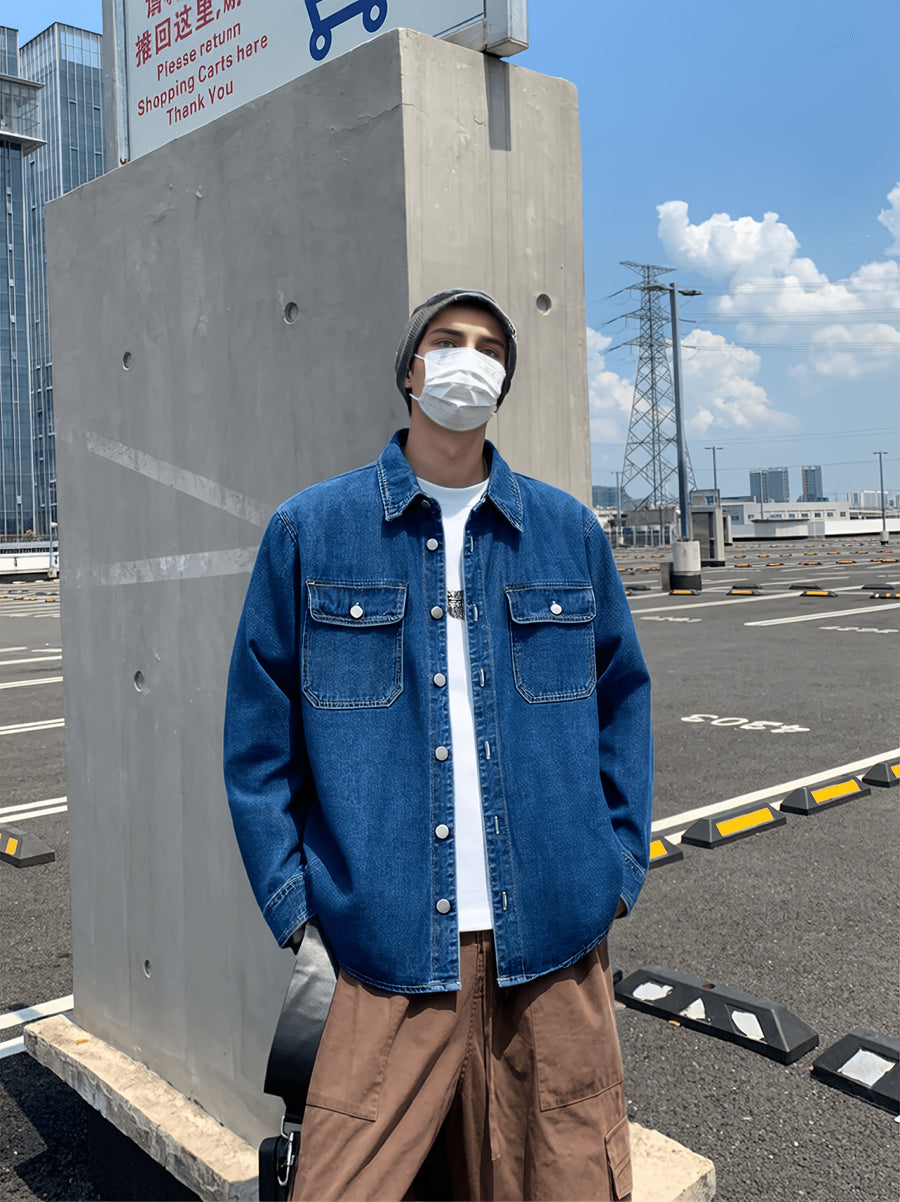 Men'S Loose Fit Lazy Style Denim Shirt, 4 Colors Plus Size Solid Jacket - Blue