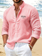 [Qiaoximei OBM] 3pcs Set, Men'S Clothing New Stand-Collar Solid Color Faux Linen Long Sleeve Shirt, Geometric Pattern Stand-Collar Easy Design, Spring Autumn Winter High-Quality Men'S Long Sleeve Stand-Collar Button-Up Shirt - Suitable for Outdoor L - Light Pink+White+Lotus Root Pink