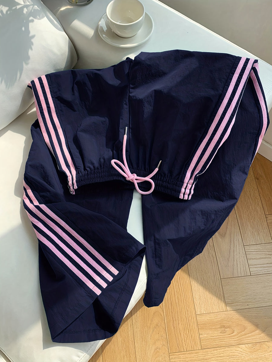 Reading Week Apparel, Back-to- Season, One Pair of 2026 Spring/Summer New Style Casual Sporty Fashionable Comfortable and Beautiful Women's Long Pants with Contrast Color and Drawstring Waist, Suitable as a Holiday Gift for Women's Clothing - Blue