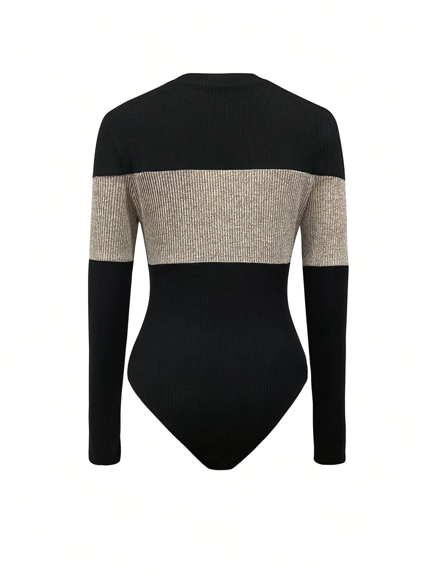 Women'S V-Neck Fashion Contrast Long Sleeve Jumpsuit - Mixed colors