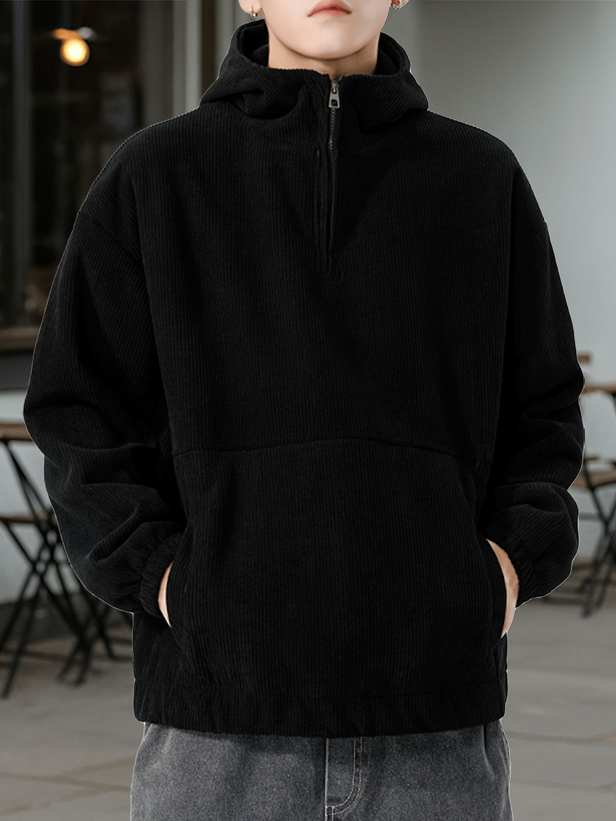 Autumn and Winter Fashion Corduroy Hooded Sweatshirt, Men's Loose Half-Zip Pullover Hoodie - Black