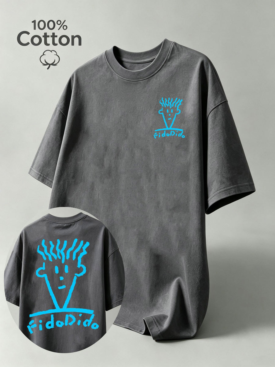 Summer Pure Cotton FidoDido Casual Doodle Graffiti Style Print Men's Short-Sleeve T-Shirt, Moisture-Wicking and Sweat-Absorbent, Comfortable for Casual Wear, Street Style, Outdoor Sports, and Fitness - Grey