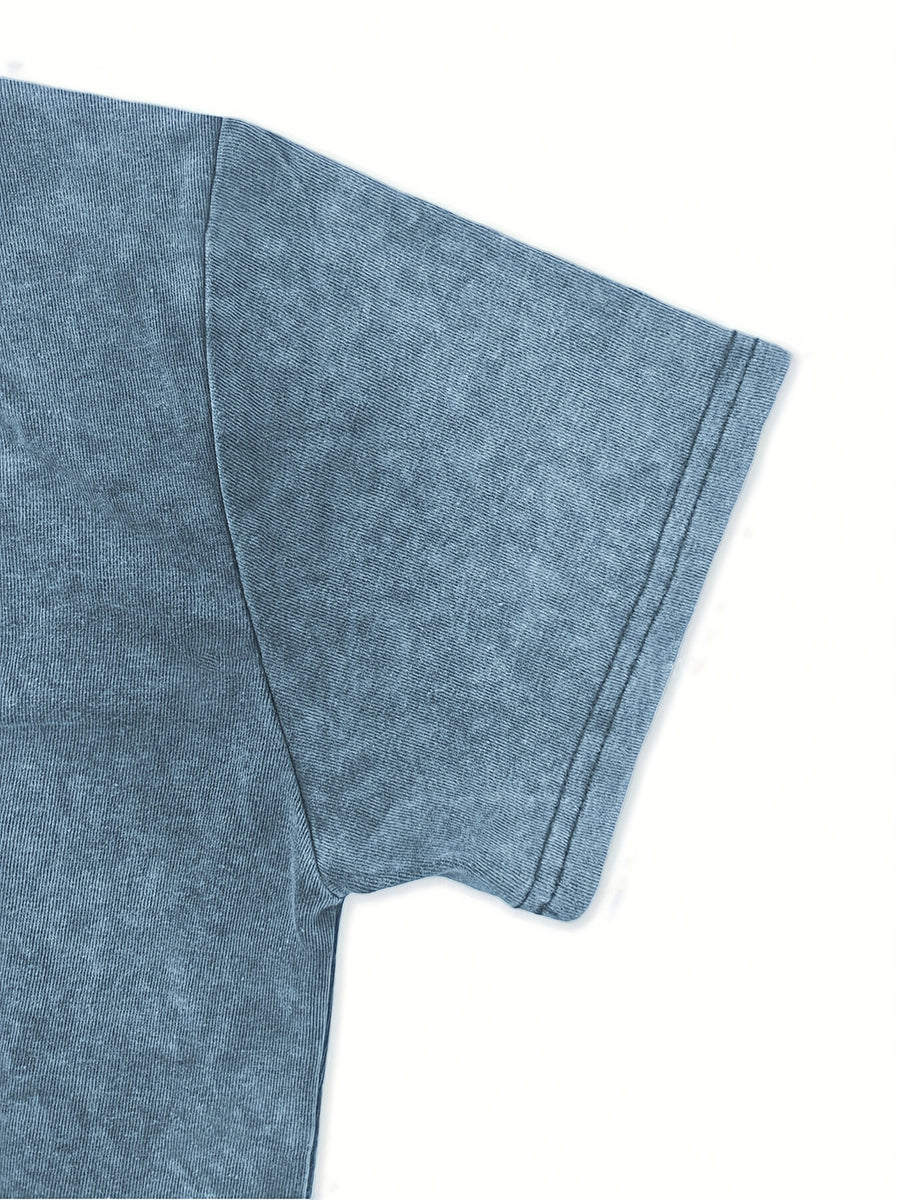 Daisy Print Crew Neck Short Sleeve  Casual Everyday Washed T-Shirt - Blue