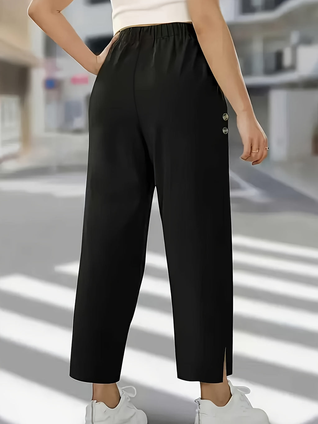 Solid Color Elegant Ankle Pants with Buttoned Pockets, Featuring a Slit Cuff Design for Added Dynamism, Suitable for Daily Outings or Commuting - Black