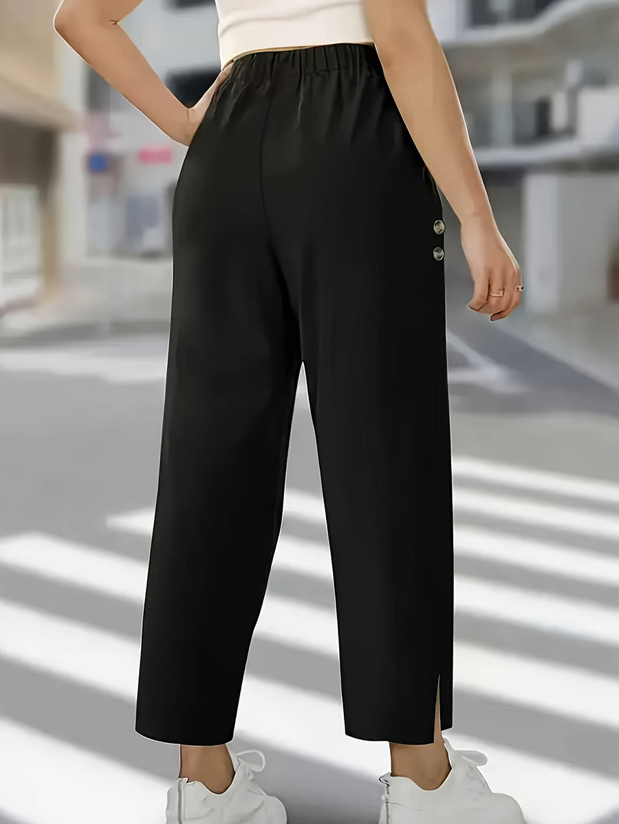 Solid Color Elegant Ankle Pants with Buttoned Pockets, Featuring a Slit Cuff Design for Added Dynamism, Suitable for Daily Outings or Commuting - Black
