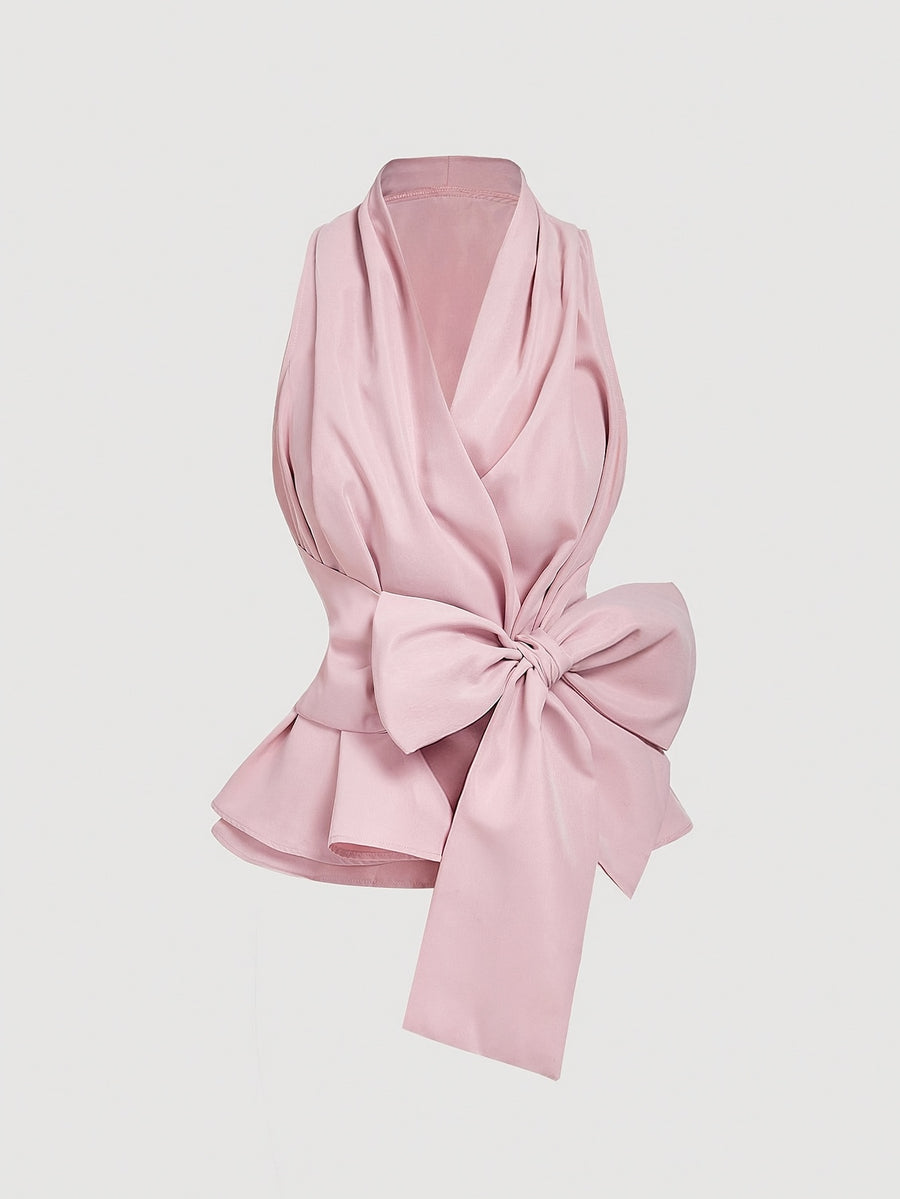 New Fashionable Elegant Easy Commuter All-Match Daily Sweet Outfit Sleeveless Waist-Cinching Large Bow Decor Women'S Top Women'S Blouse - Light Pink Color