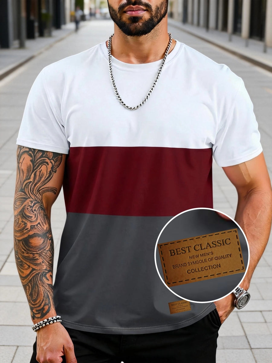 Men'S Short-Sleeve Top with a Three-Color Patchwork Design, Featuring a Logo. Manufactured by a Factory for All Seasons, This Comfortable And High-Quality Casual Sportswear Is Tailored for Men - Mixed Color 9