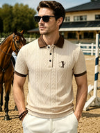 Men'S Fashion Polo Shirt, Golf Character 3D Pattern Print, Foamed Heavy Craft, Spring Summer Short Sleeve, Exquisite Jacquard Fabric, Comfortable And Skin-Friendly, Elegant Contrast Collar Design, Casual Trendy Versatile, Golf Wear, Premium T-Shirt - Apricot