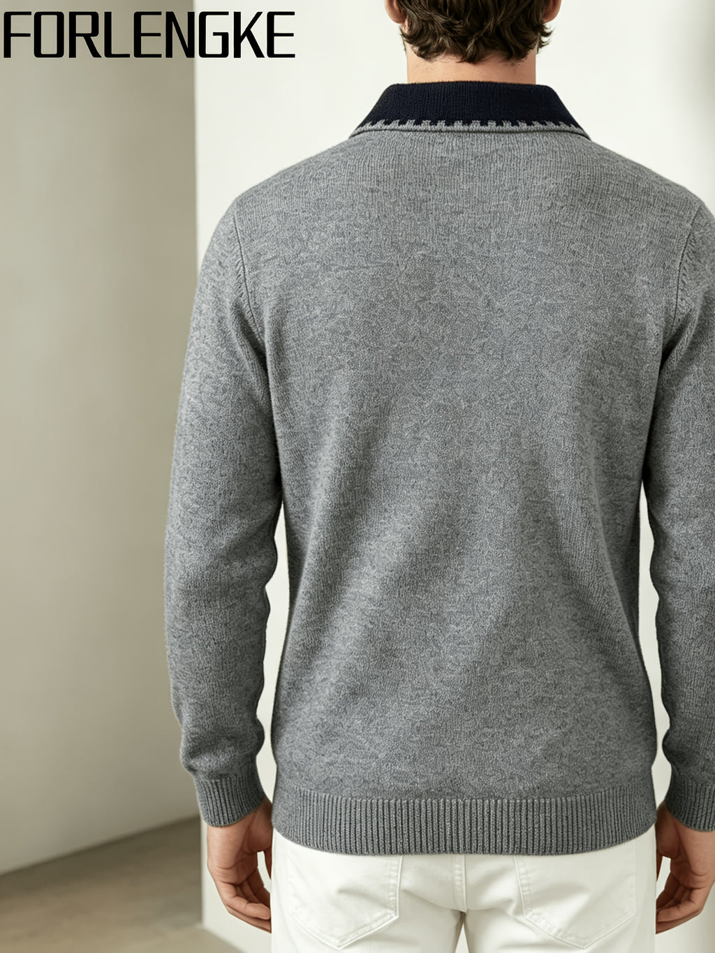 FORLENGKE Fall/Winter Men's Color-Block Collar Polo Knit Sweater with Textured Fabric, Turn- Collar Pullover Top, Casual and Versatile Knitwear for Men, Suitable for Work, Parties, and Various Occasions, Can Be Worn Inside or Out, Basic Top - Grey