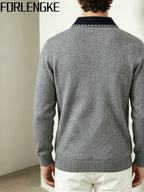 FORLENGKE Fall/Winter Men's Color-Block Collar Polo Knit Sweater with Textured Fabric, Turn- Collar Pullover Top, Casual and Versatile Knitwear for Men, Suitable for Work, Parties, and Various Occasions, Can Be Worn Inside or Out, Basic Top - Grey