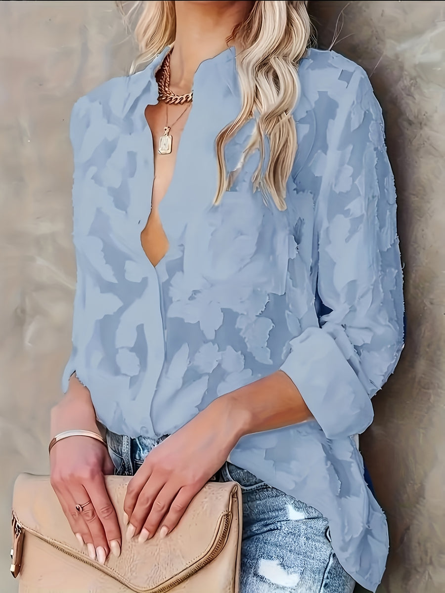 Elegant Women's Blouse, Long-sleeve Jacquard Top, 100% Polyester Solid Color, Button Details, Fabric, Suitable for Spring, Summer, and Autumn - Sky Blue