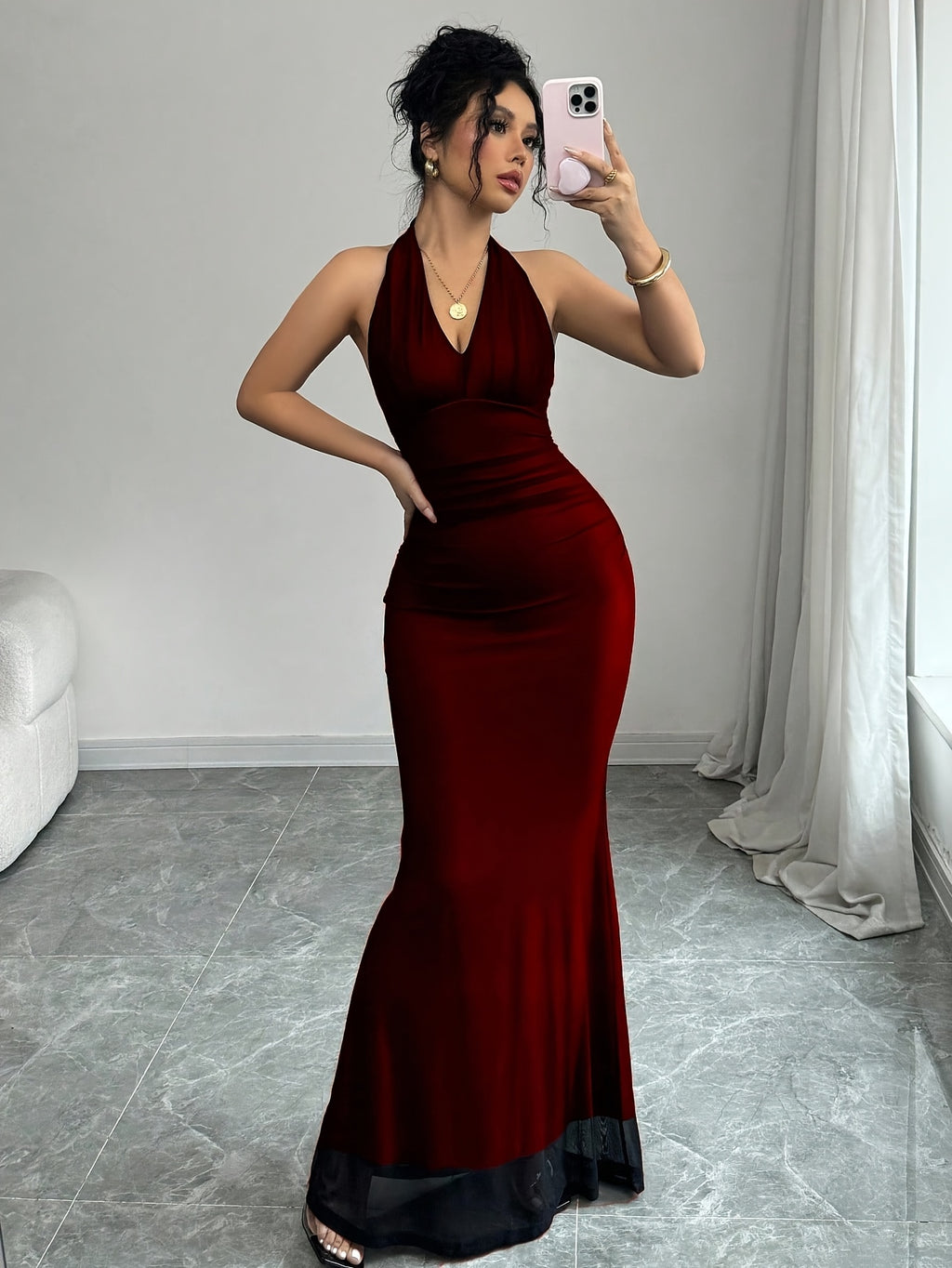 Women'S Fashionable And Elegant Slim Fit Fishtail Hem V-Neck Waist Pleated Mesh Long Dress, Rose Red Lining, Suitable for Autumn And Winter Seasons - Red