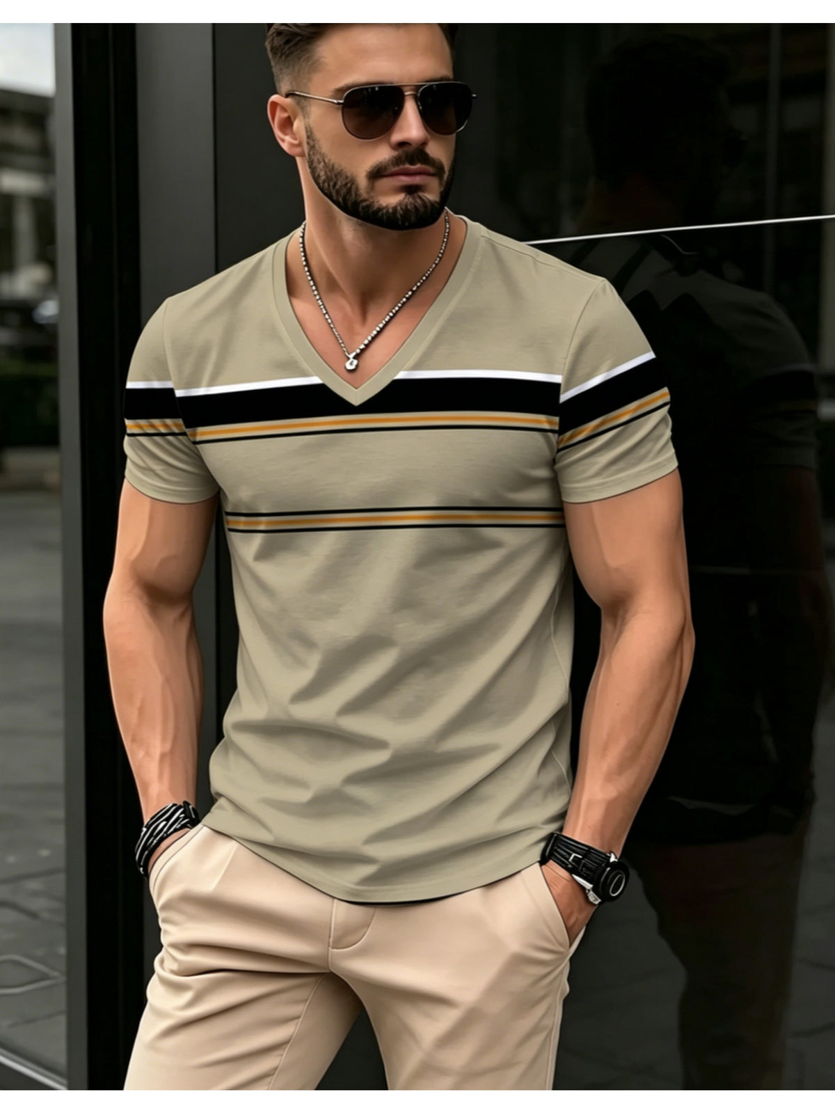 Summer New Arrival Men's V-Neck Color-Block Striped Short-Sleeve Top, Casual Daily Slim-Fit Shirt, Fashionable Spliced Design Simple and Versatile T-Shirt - Mixed colors