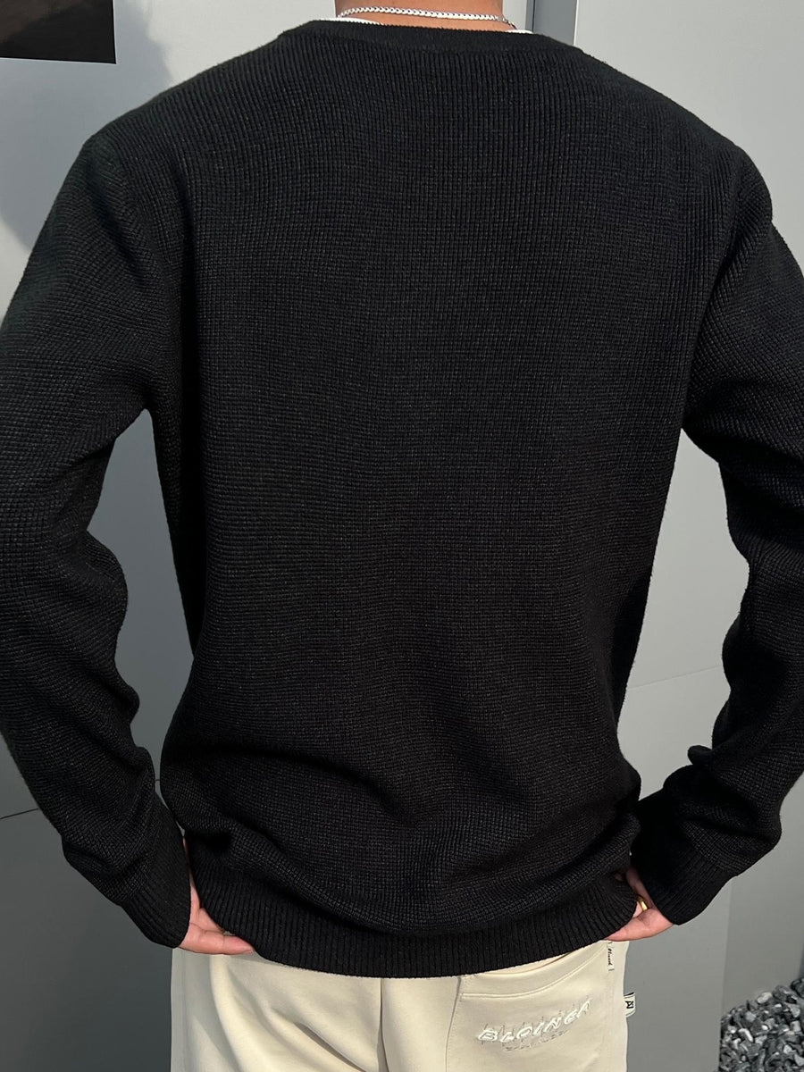 Men'S Notch Henley Long Sleeve Knit Sweater Waffle Textured Crew Split Neck Solid Color Casual Fall Winter Knitted Pullover Top - Black Gray