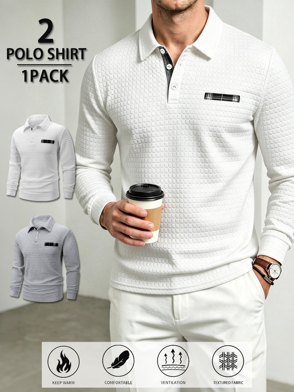 2pcs Men's Outdoor Casual Polo Shirt, Fashionable Jacquard Plaid Textured Polo Shirt with Random Plaid Fabric Texture Patchwork on Collar and Chest, Trendy Design, Spring and Autumn Warm Long-Sleeve Buttoned Knit Pullover, Street Vintage Versatile - Off-white+light grey