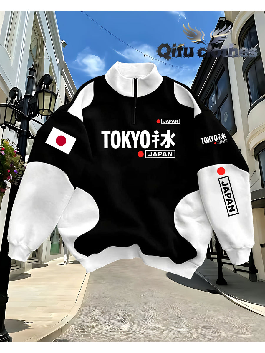 TOKYO JAPAN Tokyo Letter Half-Zip Stand-Up Collar Sweatshirt for Men And Women, Black And White Contrast Splicing, Japanese Logo Printed Loose Shoulder Top - Black