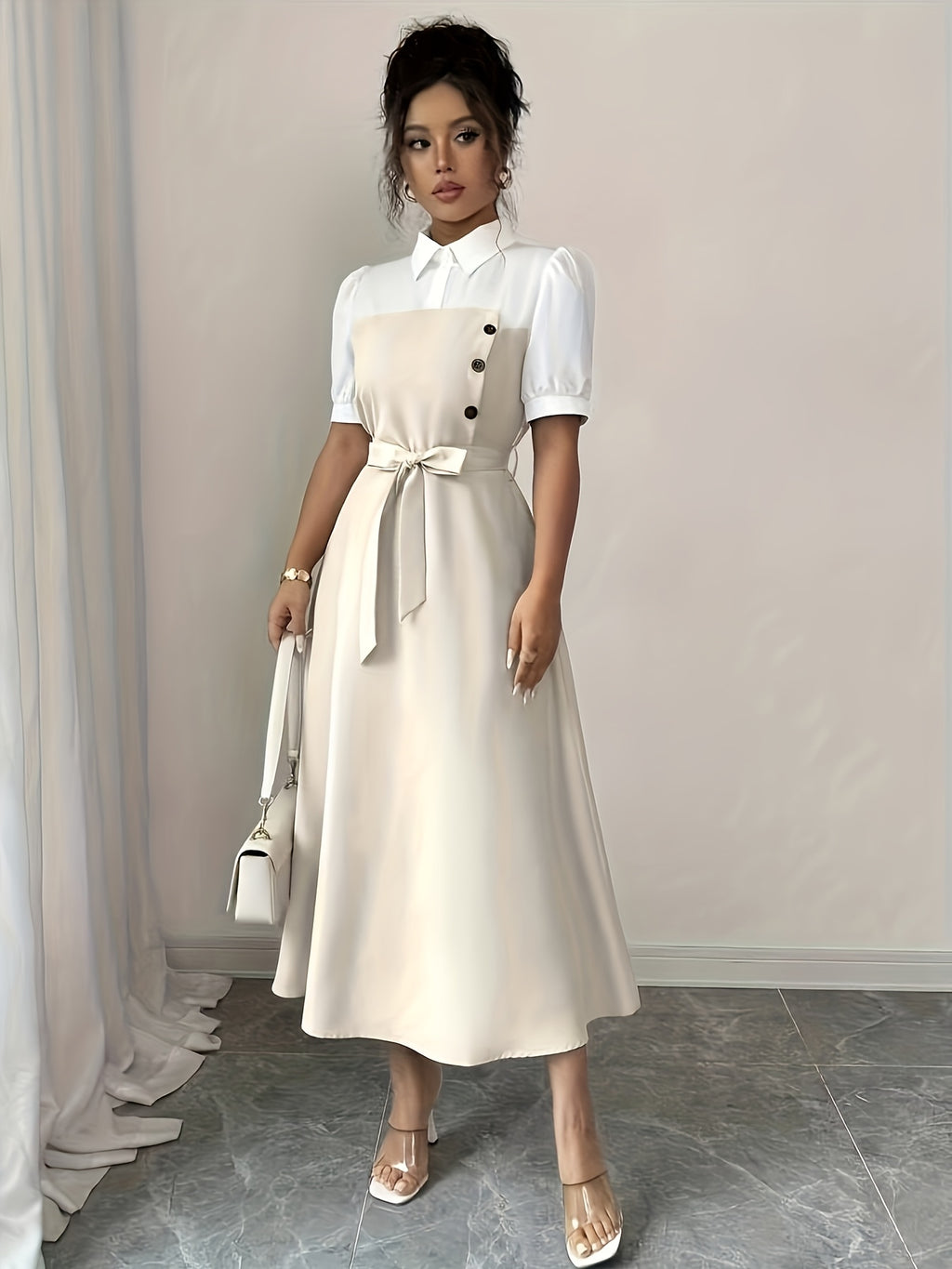 Elegant Romantic Vacation Commute Business Color Block Shirt Collar Mid-Length Dress - Apricot