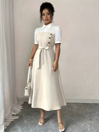 Elegant Romantic Vacation Commute Business Color Block Shirt Collar Mid-Length Dress - Apricot