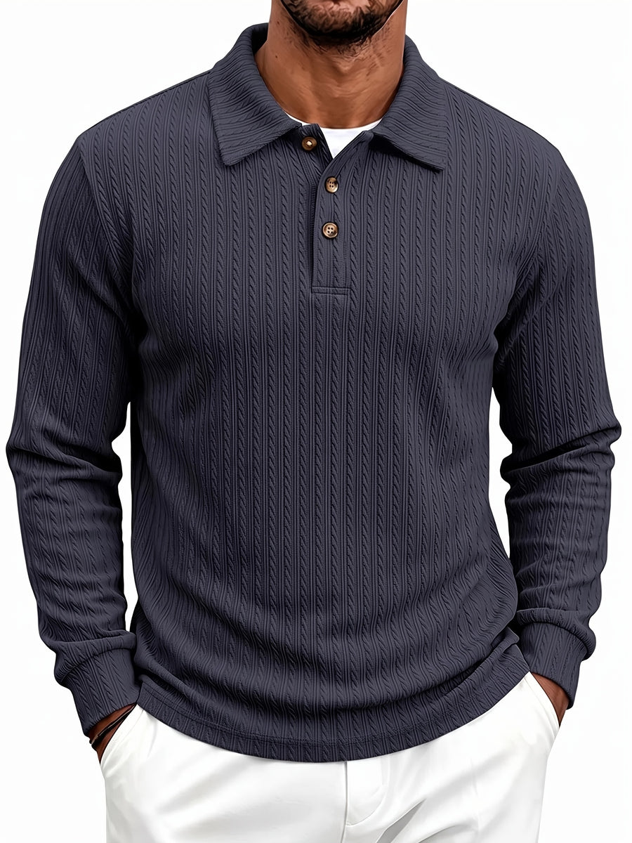 New Autumn Winter Men'S Fashion Casual Outdoor Jacquard Lapel Button-Up Long Sleeve Henley Shirt, Boyfriend Birthday Gift - Navy Color
