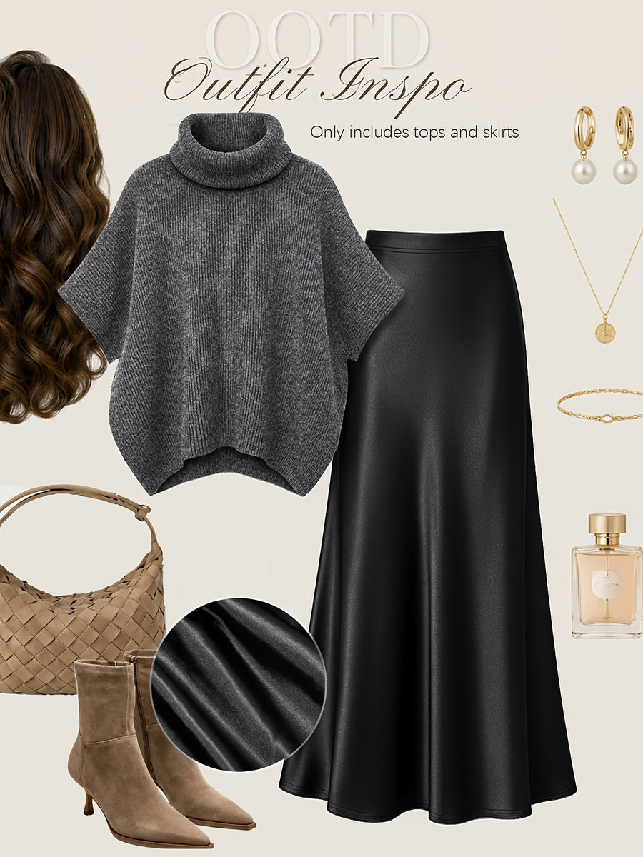 Autumn Winter Fashion Lazy Style Turtleneck Cloak Sweater And Premium Satin Fishtail Half Skirt, Temperament Elegant Commute Two-Piece Set - Flecking Gray