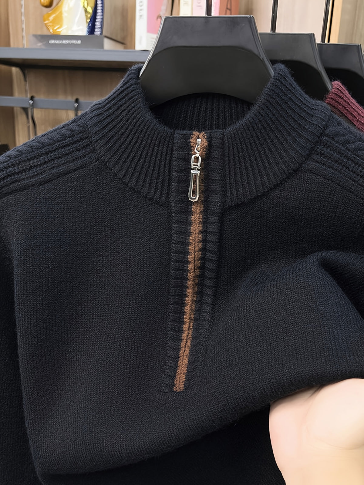 Men'S Thickened Semi-Open Zipper Stand Collar Knit Sweater, Ribbed Cuffs And Hem, Autumn/Winter Style, Single Wear And Layering, Light Mature Business Casual Style - Black