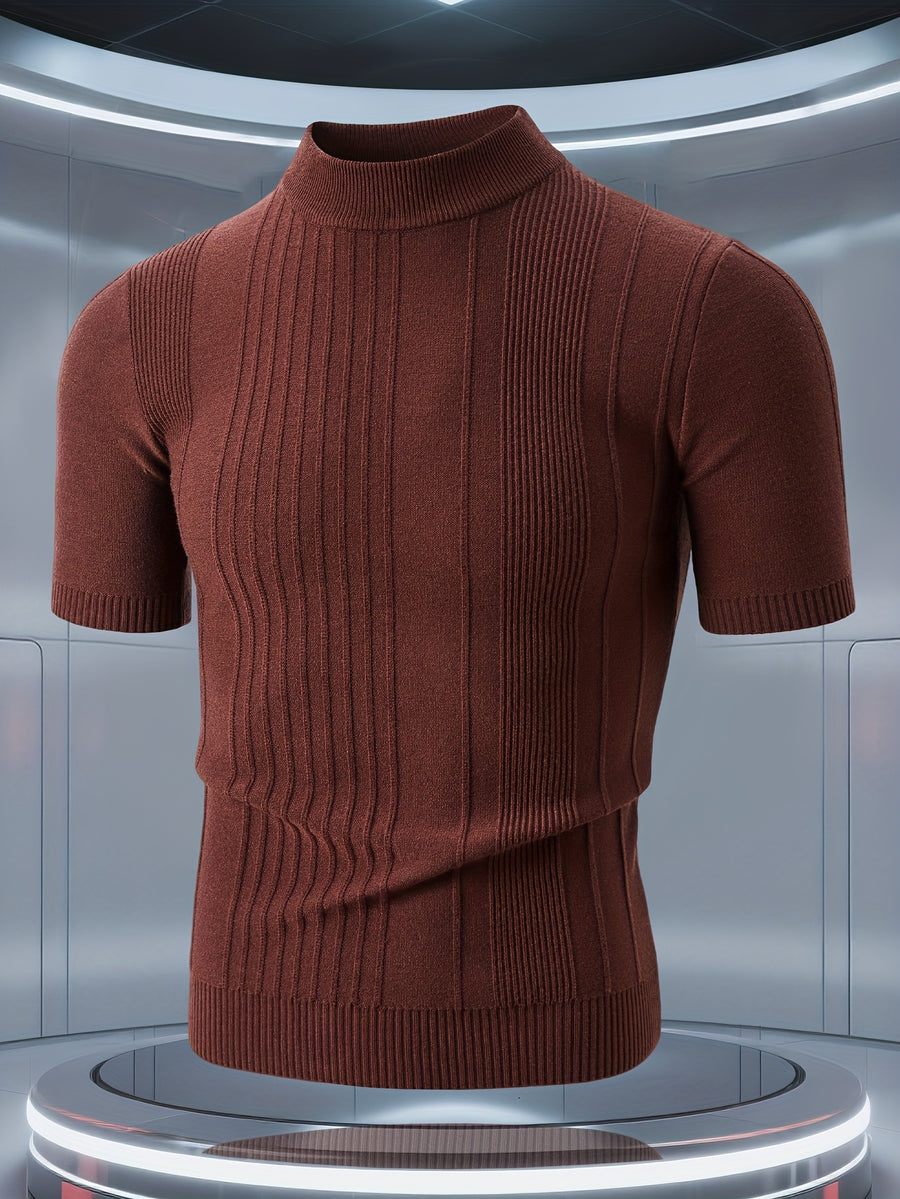 Men'S Short-Sleeved Knitted Shirt, Short-Sleeved Sweater with a Small Stand-Up Collar, T-Shirt Sweater That Can Be Worn in Spring, Autumn And Winter, Half-High Collar Short-Sleeved Knitted Sweater, Thick, Warm, Solid Color Base - Coffee Color