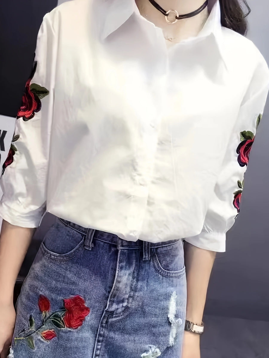Women'S Chic Floral Embroidered Short Sleeve Blouse with Lapel Collar - Summer Fashion, White Shirt with Red Roses and Green Leaves Design, Elegant Shirt - White