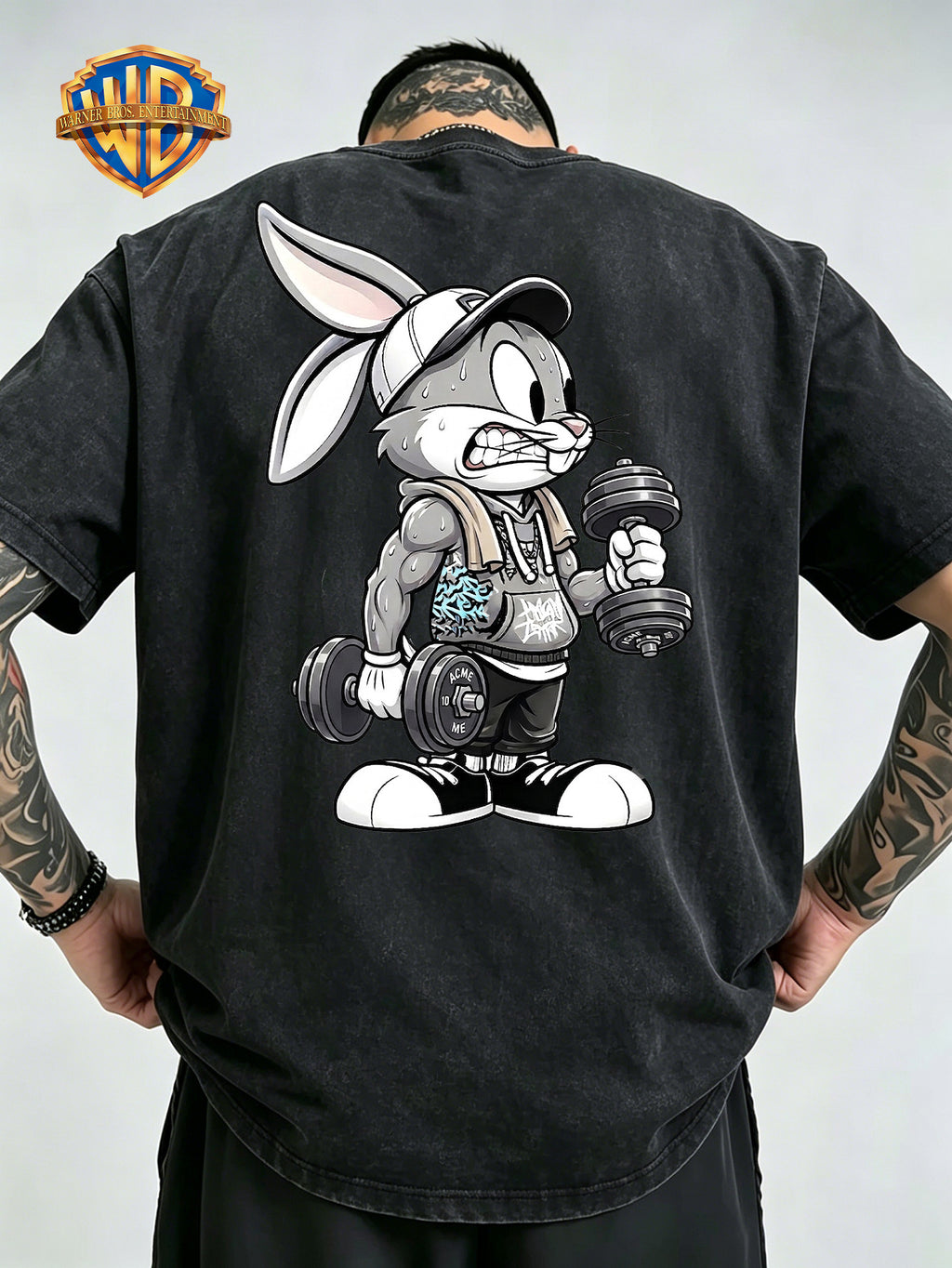Fitness Weightlifting Rabbit Boggie Front And Back Double Print Washed T-Shirt, Washed Distressed Vintage Short Sleeve Style Le Yitong Anime Casual Top, Men'S 100% Washed Casual Comfortable Style Full Match Loose Summer Short Sleeve T-Shirt - Black