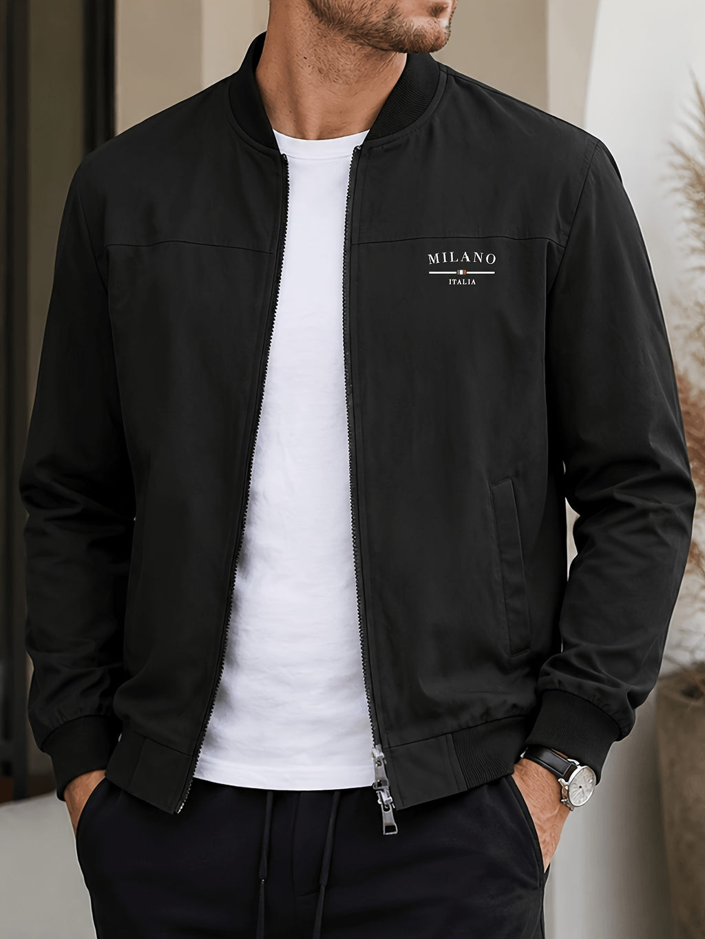 Men's Autumn/Winter 100% Zip-Up Pilot Jacket Coat, MILANO Print Zipper Stand Collar Casual Baseball Jacket, 6 Colors Available, Casual, Simple, Breathable, Lightweight Outerwear Winter Clothes for Men - Black
