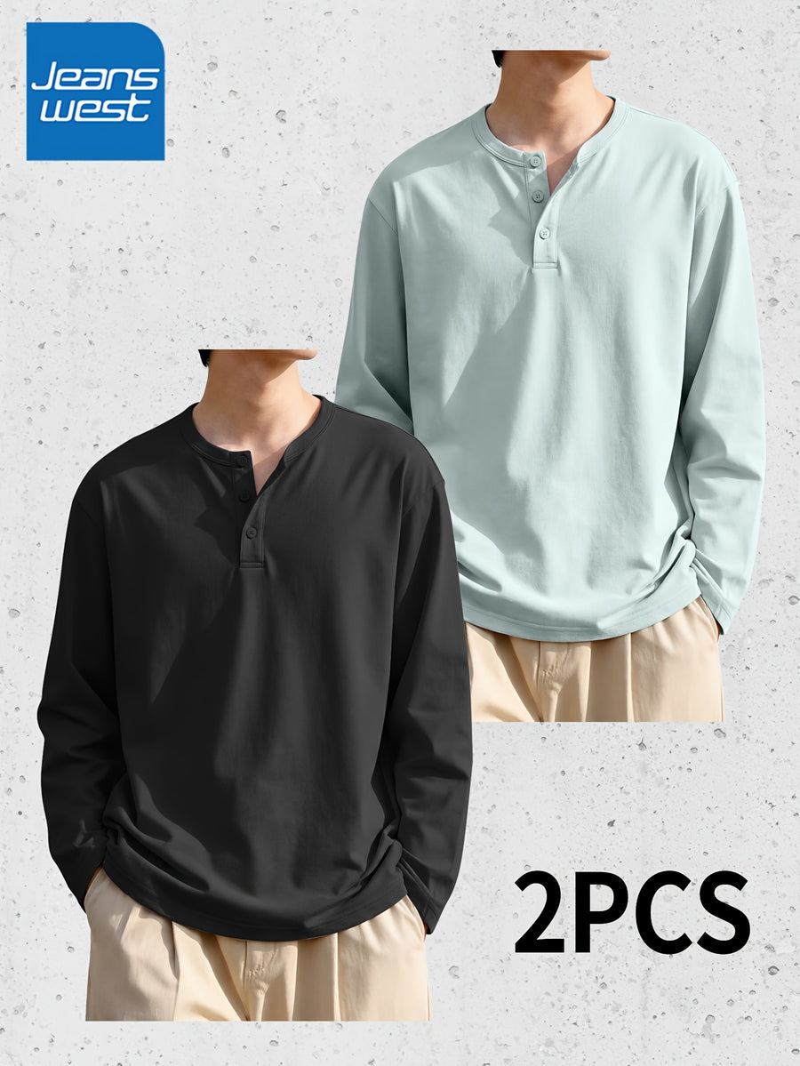 (Set of Two) JEANSWEST Men'S Long-Sleeve Henley Shirts for Spring And Fall - Black + Light Gray Green