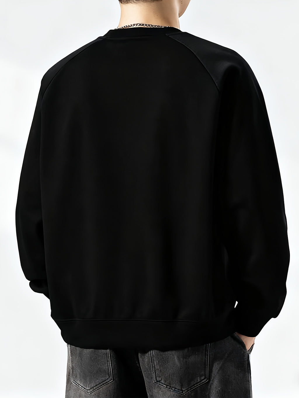 Men's Spring/Autumn Loose Fit Crew Neck Long Sleeve Versatile Sweatshirt, Fashionable, Comfortable, Simple Top, Trendy Casual Design - Black