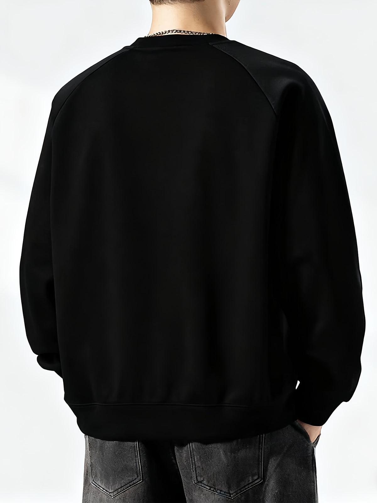 Men's Spring/Autumn Loose Fit Crew Neck Long Sleeve Versatile Sweatshirt, Fashionable, Comfortable, Simple Top, Trendy Casual Design - Black