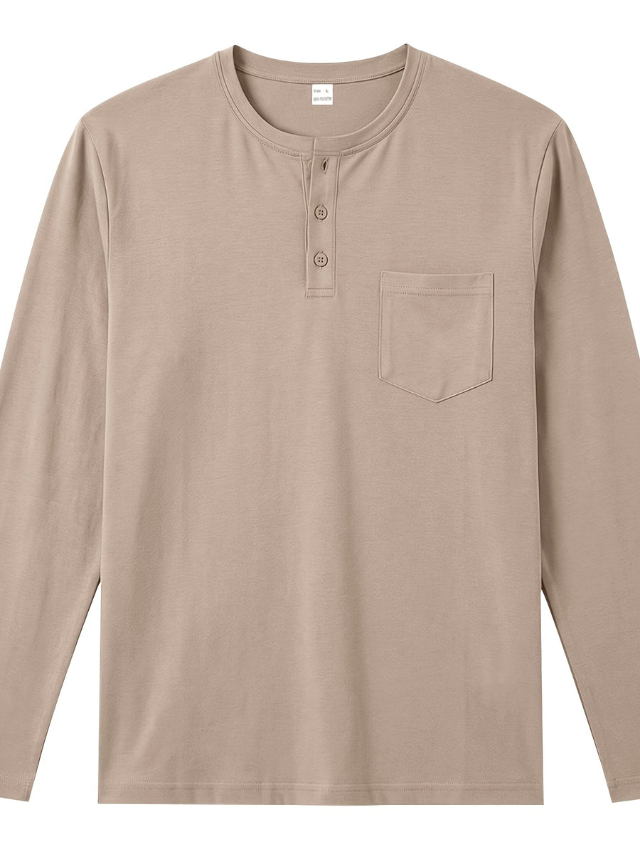 Men's Henley Neck Long Sleeve T-Shirt, Spring/Autumn Three-Button Casual Base Layer, Slim Fit Versatile Top with Left Chest Pocket - Khaki
