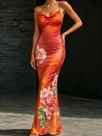 Women's Floral Print Maxi Dress, Halter Neck Sleeveless Bodycon Long Dress, Summer Beach Party Gown - Mixed colors