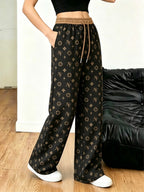 Women's Minimalist Printed Casual Pants, Drawstring Pocket Straight-Leg Trousers, Machine Washable and Hand Washable - Black