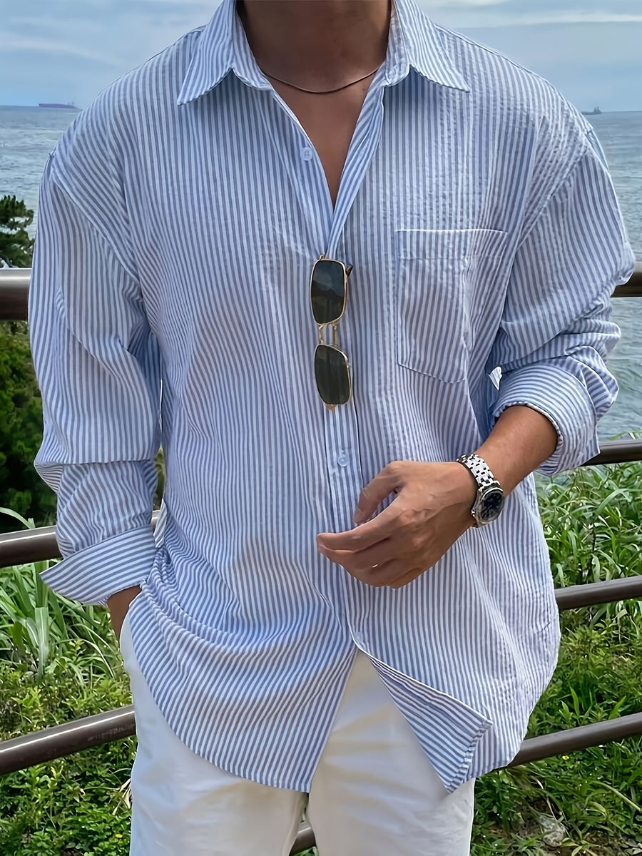 Men's Solid Color Striped Long-sleeve Shirt with Pocket, Casual Top Featuring a Lapel Collar Design and a Loose Fit, Suitable for Spring, Summer, and Autumn Wear. An Ideal Gift Choice for Boyfriends and Husbands - Light Blue