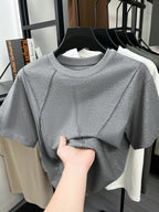Men'S Spring Summer New Solid Stripe Cross Design Sense No Print Light Luxury Atmospheric Mid-Aged Men'S T-Shirt Short Sleeve Trendy Fashion Easy Style Fashionable Short T-Shirt Premium Comfortable Skin-Friendly Thin Cool Breathable Men'S Pure Offic - Grey