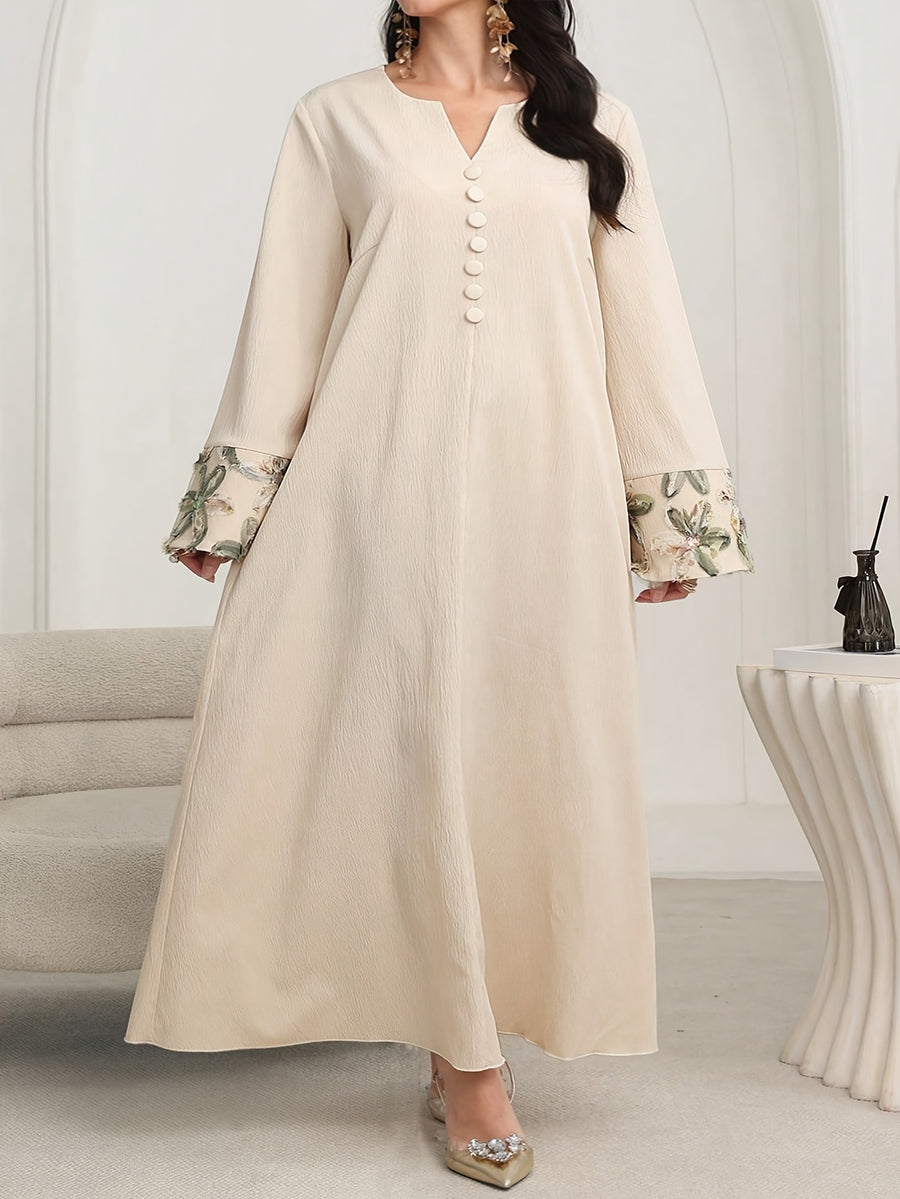 Women'S Solid Color Long Sleeve Printed Mesh Elegant Arabic Style Dress - Apricot