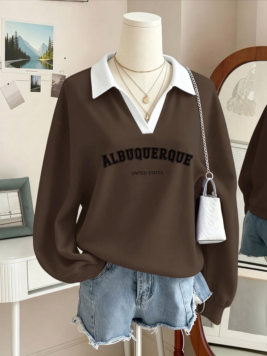 Women's Graphic Print Contrast Collar Polo V Neck Long Sleeve Sweatshirt, Loose Soft Casual Fall Winter Daily Wear - Brown