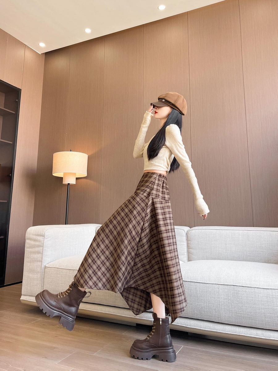 1pc, New Elegant, Irregular Plaid Midi Skirt, Suitable for Spring, Autumn And Summer, High Waist, Zipper Style A-Line Skirt - Coffee Brown