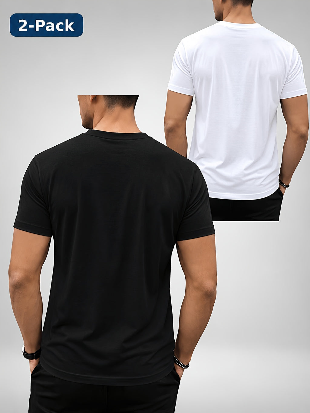 2pcs Men'S Round Neck Short Sleeve Top Set, Round Neck Solid Basic Style Multi-Piece Set, Soft -Like Fabric, Easy And Timeless, Easy to Match, Daily Replacement And Base Layer Short Sleeve Top, Suitable for Commuting, Casual And Home Wear - White+black