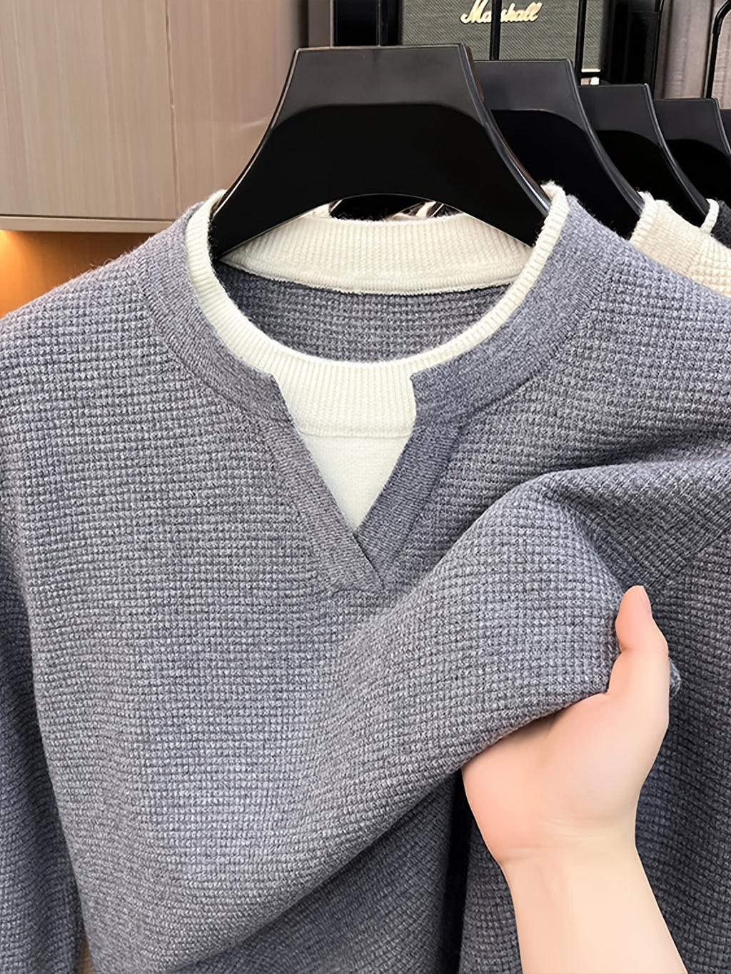 Men's Small V-Neck 2-in-1 Look Waffle Knit Textured Fabric Color-Blocked Double-Layer Neckline Soft, Warm, and Cozy Pullover Top for Spring and Autumn Casual Layering - 【Light Grey】