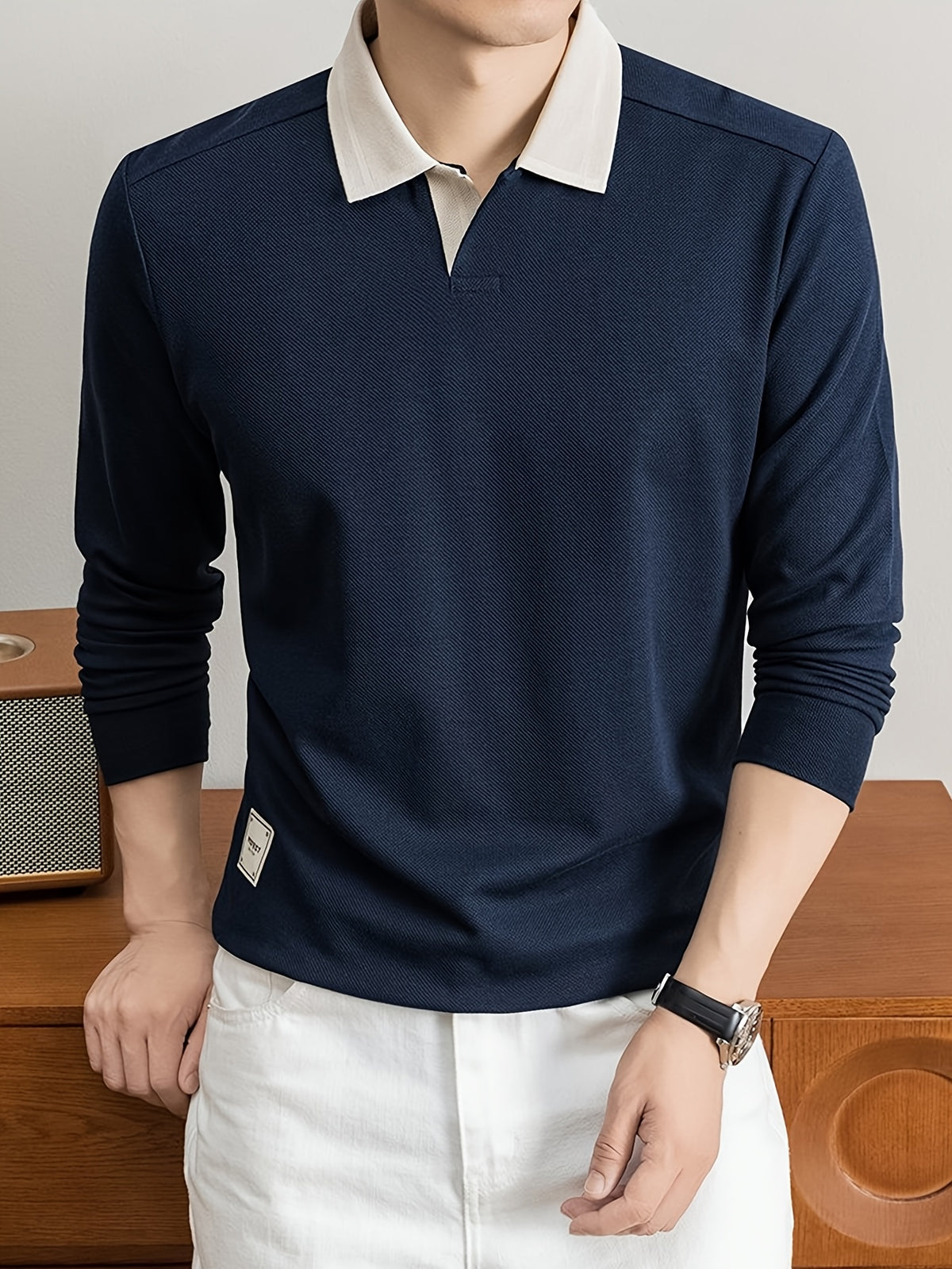 Men's Long-Sleeve T-Shirt, Color-Block Lapel Casual Tee, New Versatile Top for Spring and Autumn - Navy Color