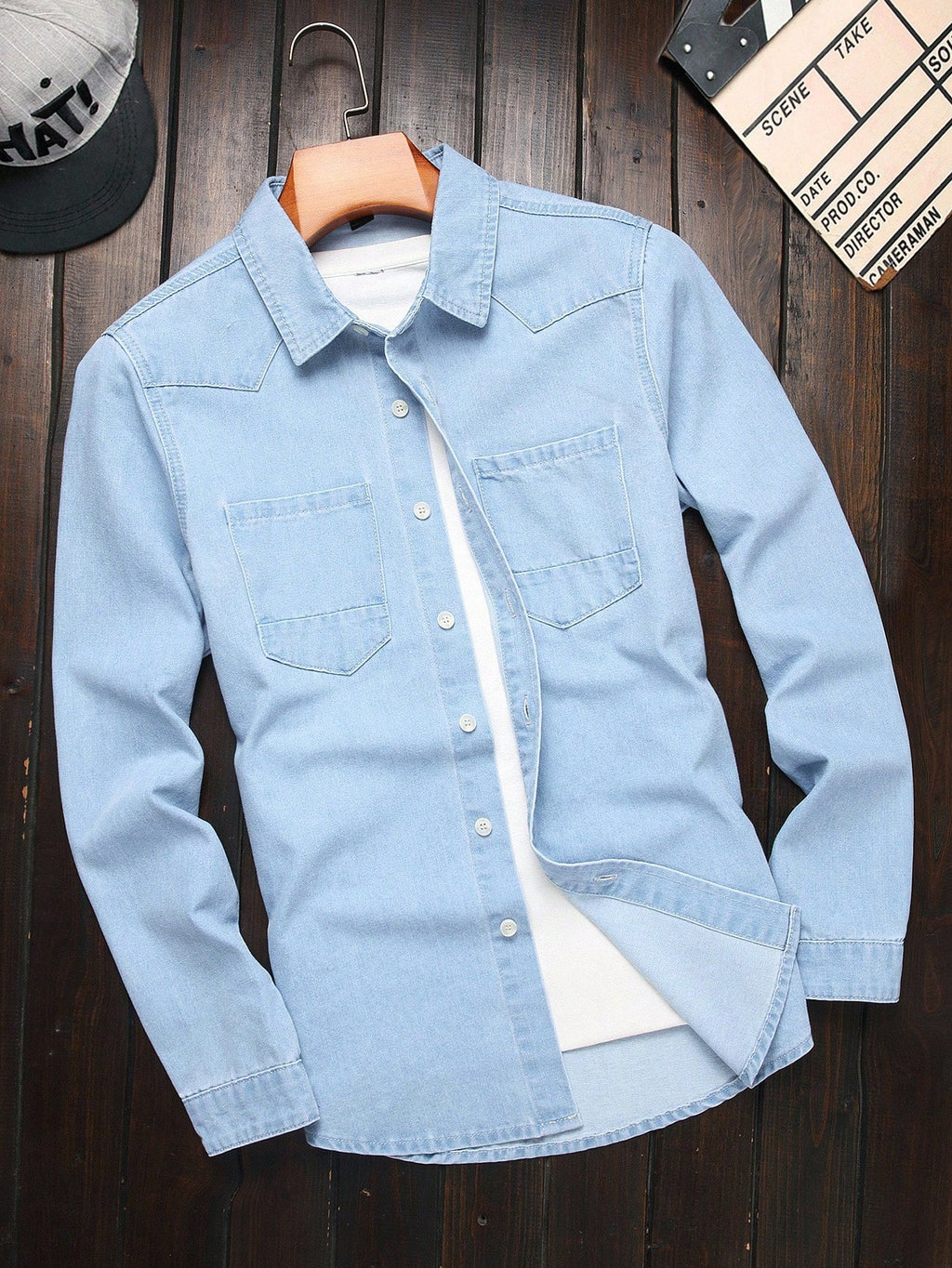 Men's American Casual Light Blue Washed Denim Shirt, Classic Stitched Double-Pocket Lapel Single-Breasted Long Sleeve Top, Loose Slimming Commuter Versatile Inner Wear& Outer Jacket - Light Blue