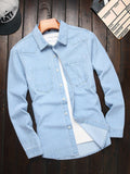 Men's American Casual Light Blue Washed Denim Shirt, Classic Stitched Double-Pocket Lapel Single-Breasted Long Sleeve Top, Loose Slimming Commuter Versatile Inner Wear& Outer Jacket - Light Blue