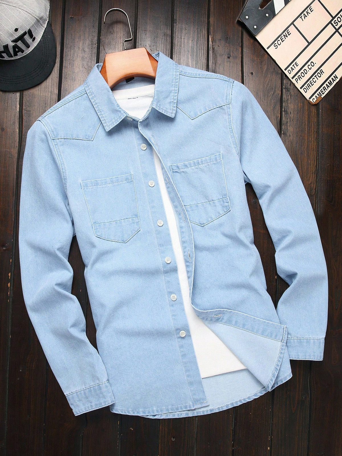 Men's American Casual Light Blue Washed Denim Shirt, Classic Stitched Double-Pocket Lapel Single-Breasted Long Sleeve Top, Loose Slimming Commuter Versatile Inner Wear& Outer Jacket - Light Blue