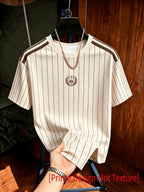Men's Trendy Casual American Retro Drawstring Striped T-Shirt Print, Fashionable Thin Breathable T-Shirt, Machine Washable Short Sleeved Top, Suitable for Daily Commuting/Outdoor Sports/Vacation Parties/Daily Fitness And Leisure Gift Giving - Mixed Color 3