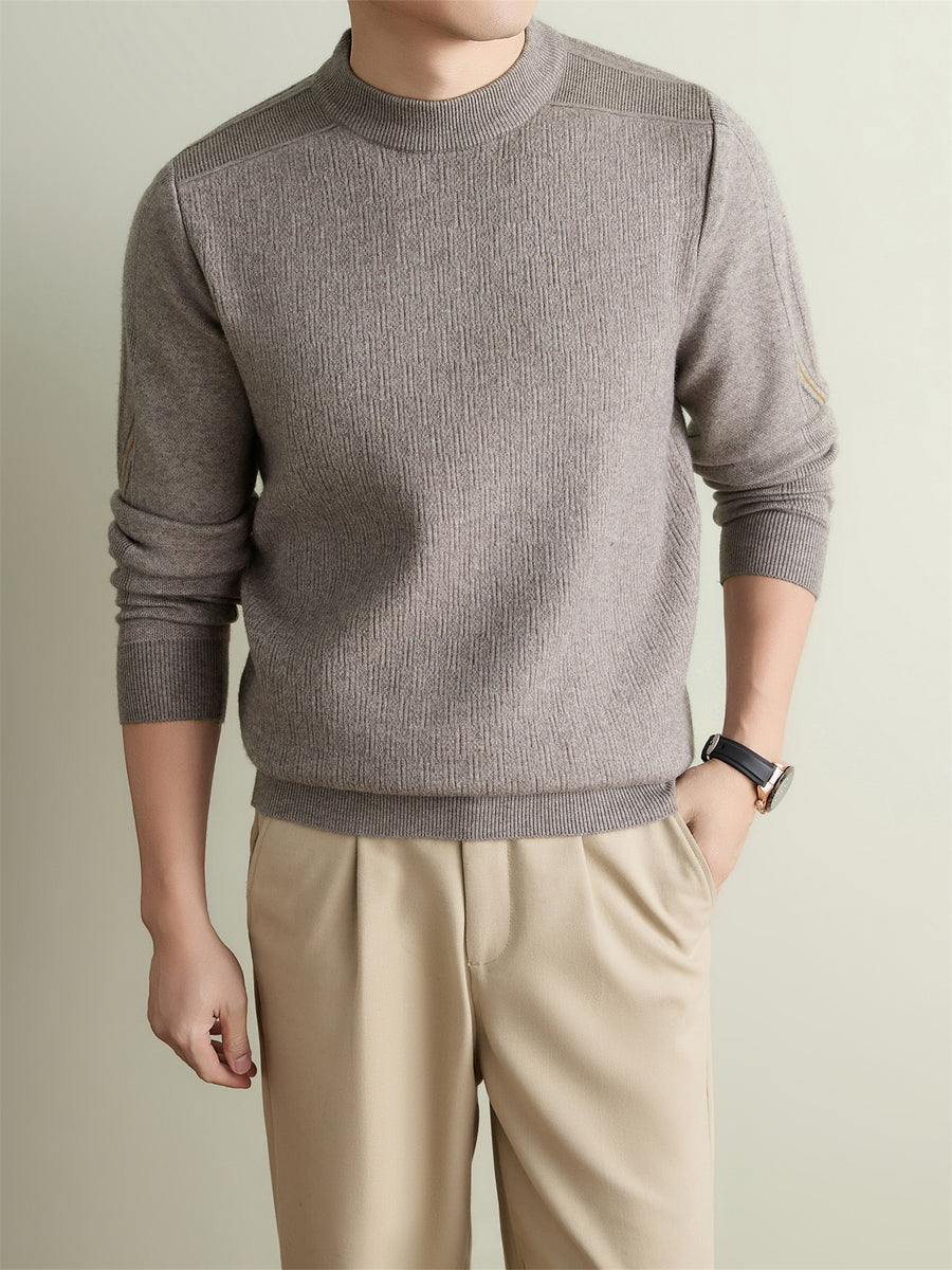 Autumn Winter Knit 3D Solid Round Neck Sweater, Basic Knit Pullover Top for Men, Fashionable Long Sleeve Sweater, Size Y - Camel