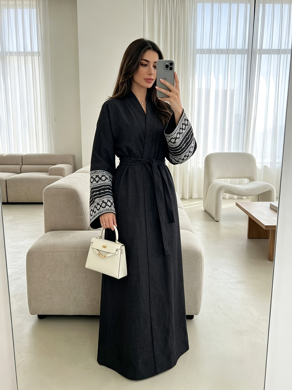 1pc Fashionable And Elegant Vacation Solid Color Sleeve Embroidered Flower Shirt Light And Breathable Easy Modest Open Style for Daily Wear Travel Comfortable Casual Cardigan. Muslim Abaya And Robe Summer Abaya Women'S Open Abaya Fashion Easy Women - Black