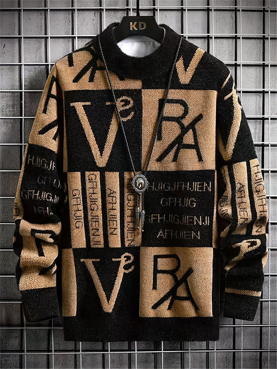[Maiqiqi Obm]New Autumn And Winter Men'S Knitted Pullover, Round Neck Letter Patchwork Knit Sweater, Featuring a Unique Combination of Letters And Text Elements, Creating a Distinct Street Fashion Vibe And a Casual Stylish Atmosphere - Khaki